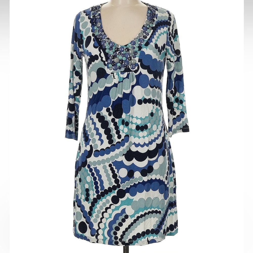 Boden Blue Green Teal Jersey Tunic Embellished Shift Dress Size 6 Small Stretchy